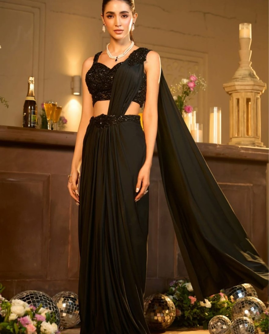 BLACK - Lycra Pre-Drape Saree